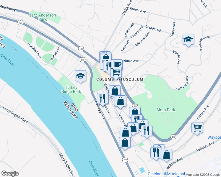 map of restaurants, bars, coffee shops, grocery stores, and more near 3608 Eastern Avenue in Cincinnati