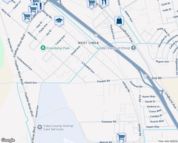 map of restaurants, bars, coffee shops, grocery stores, and more near 5550 South Gledhill Avenue in Olivehurst