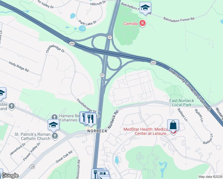 map of restaurants, bars, coffee shops, grocery stores, and more near 3825 Doc Berlin Drive in Silver Spring