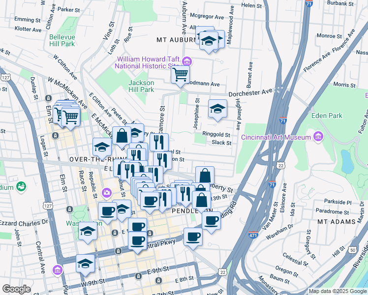 map of restaurants, bars, coffee shops, grocery stores, and more near 406 Boal Street in Cincinnati