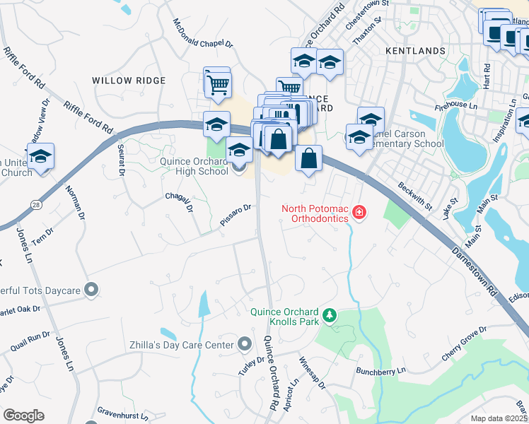 map of restaurants, bars, coffee shops, grocery stores, and more near 15719 Quince Orchard Road in North Potomac