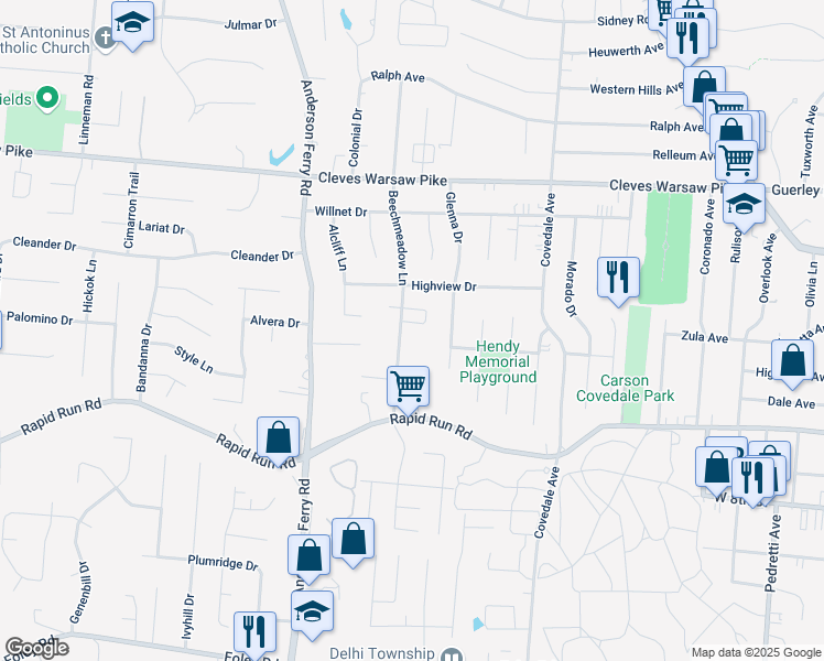 map of restaurants, bars, coffee shops, grocery stores, and more near 1080 Beechmeadow Lane in Cincinnati