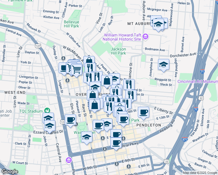 map of restaurants, bars, coffee shops, grocery stores, and more near 128 East McMicken Avenue in Cincinnati