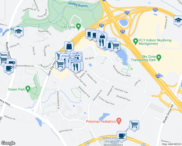 map of restaurants, bars, coffee shops, grocery stores, and more near 9780 Fields Road in Gaithersburg