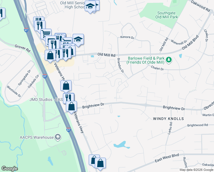 map of restaurants, bars, coffee shops, grocery stores, and more near 601 West Paddle Wheel Court in Millersville