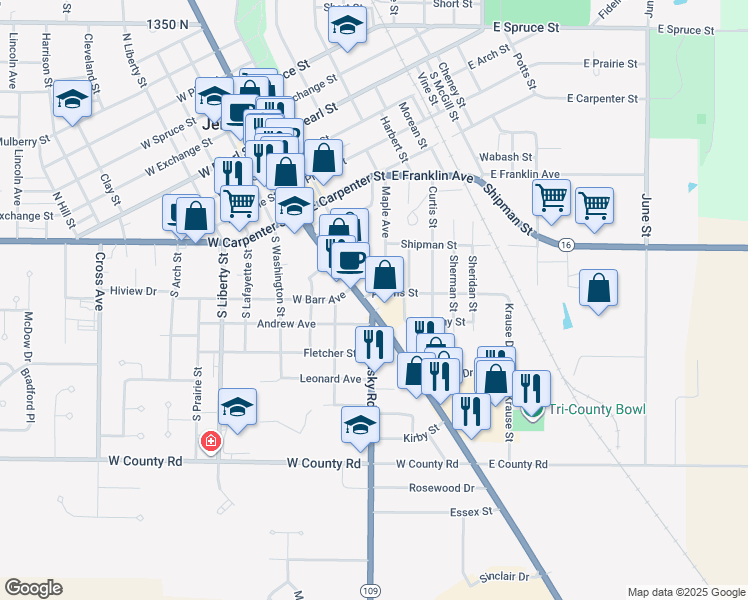 map of restaurants, bars, coffee shops, grocery stores, and more near 609 South State Street in Jerseyville