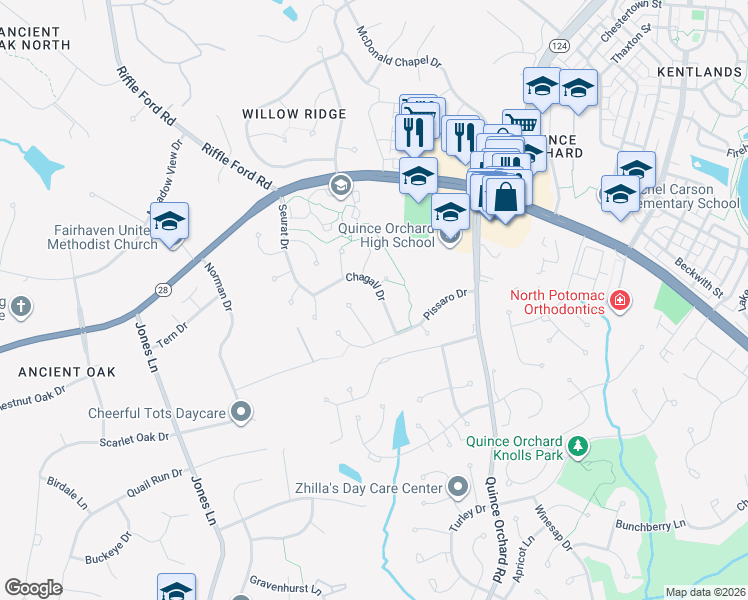 map of restaurants, bars, coffee shops, grocery stores, and more near 12310 Chagall Drive in North Potomac