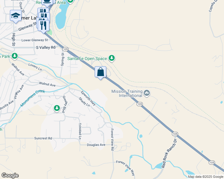 map of restaurants, bars, coffee shops, grocery stores, and more near 1464 Colorado 105 in Palmer Lake