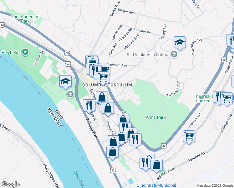 map of restaurants, bars, coffee shops, grocery stores, and more near 407 Tusculum Avenue in Cincinnati