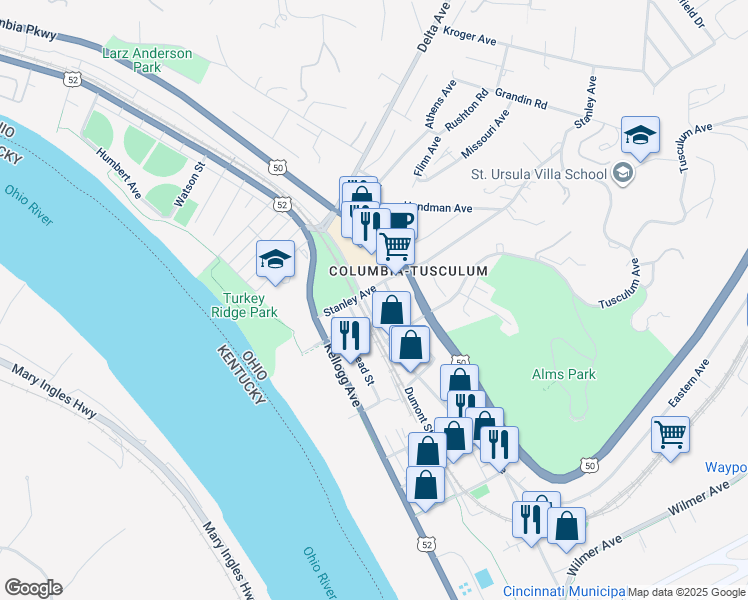 map of restaurants, bars, coffee shops, grocery stores, and more near in Cincinnati