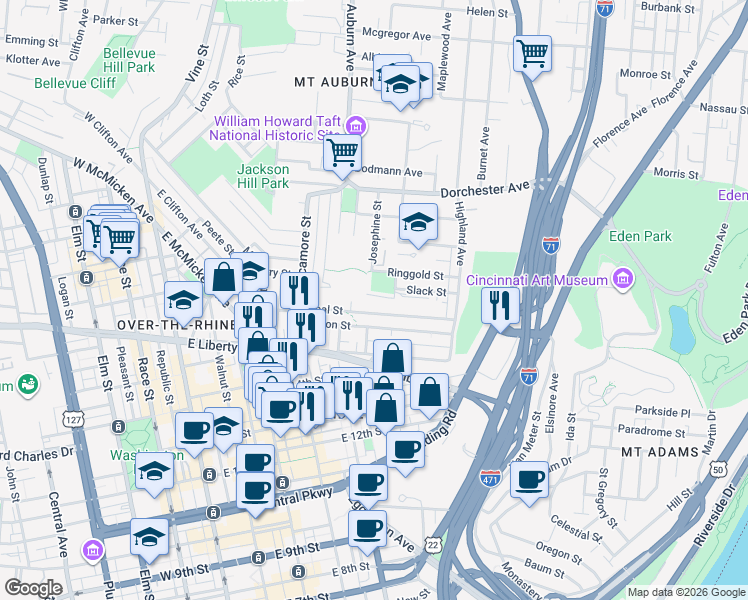 map of restaurants, bars, coffee shops, grocery stores, and more near 440 Boal Street in Cincinnati