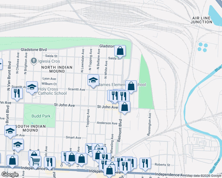 map of restaurants, bars, coffee shops, grocery stores, and more near 225 North Wheeling Avenue in Kansas City