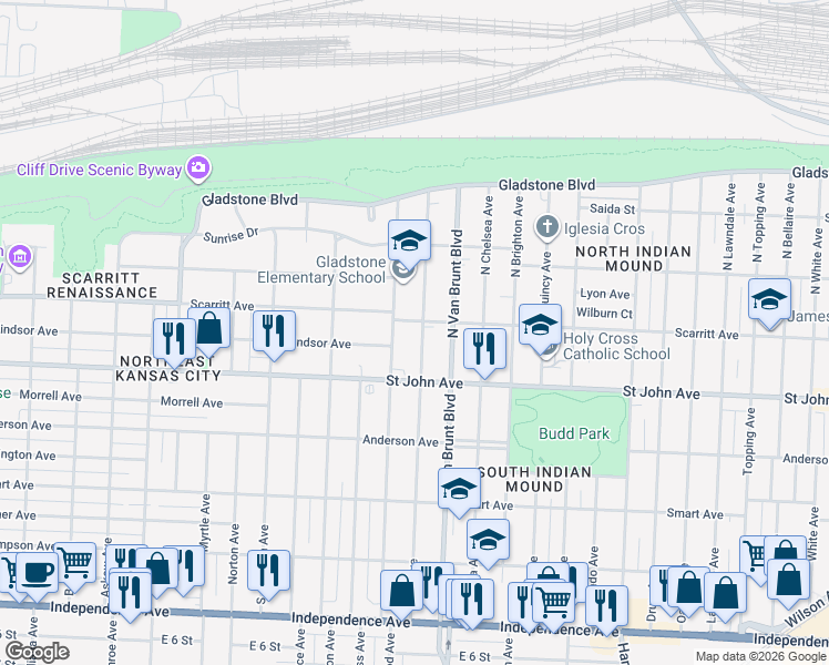 map of restaurants, bars, coffee shops, grocery stores, and more near 132 North Lawn Avenue in Kansas City