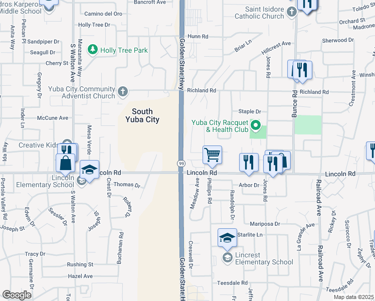 map of restaurants, bars, coffee shops, grocery stores, and more near 877 Meadow Avenue in Yuba City