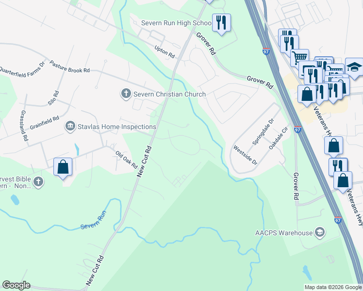 map of restaurants, bars, coffee shops, grocery stores, and more near 447 University Drive in Severn
