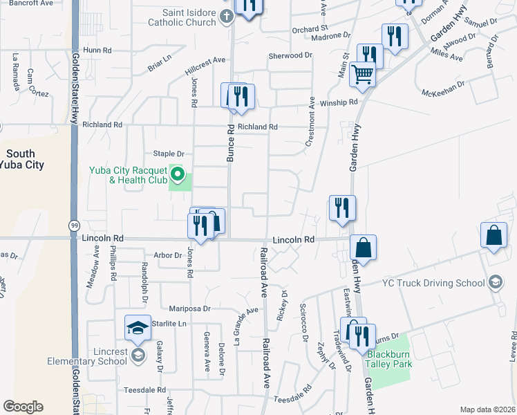map of restaurants, bars, coffee shops, grocery stores, and more near 951 Railroad Avenue in Yuba City