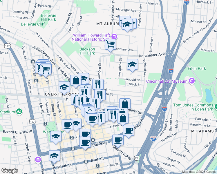 map of restaurants, bars, coffee shops, grocery stores, and more near 406 Boal Street in Cincinnati