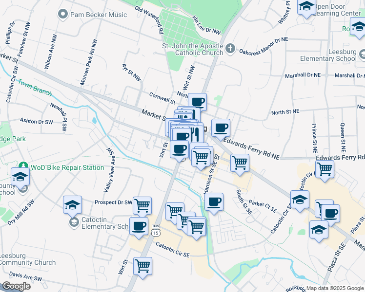 map of restaurants, bars, coffee shops, grocery stores, and more near 101 South King Street in Leesburg