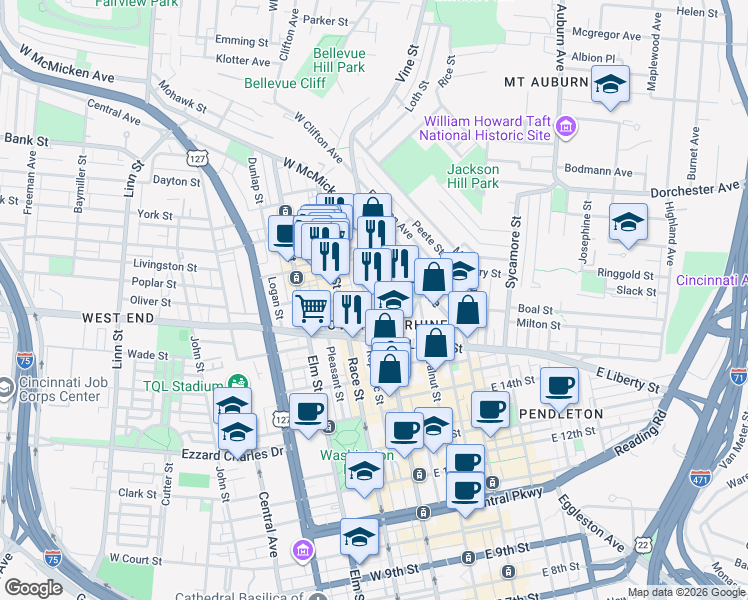 map of restaurants, bars, coffee shops, grocery stores, and more near 1637 Vine Street in Cincinnati