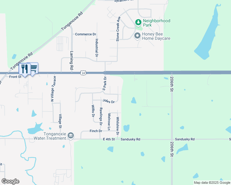 map of restaurants, bars, coffee shops, grocery stores, and more near 118 Bradley Court in Tonganoxie