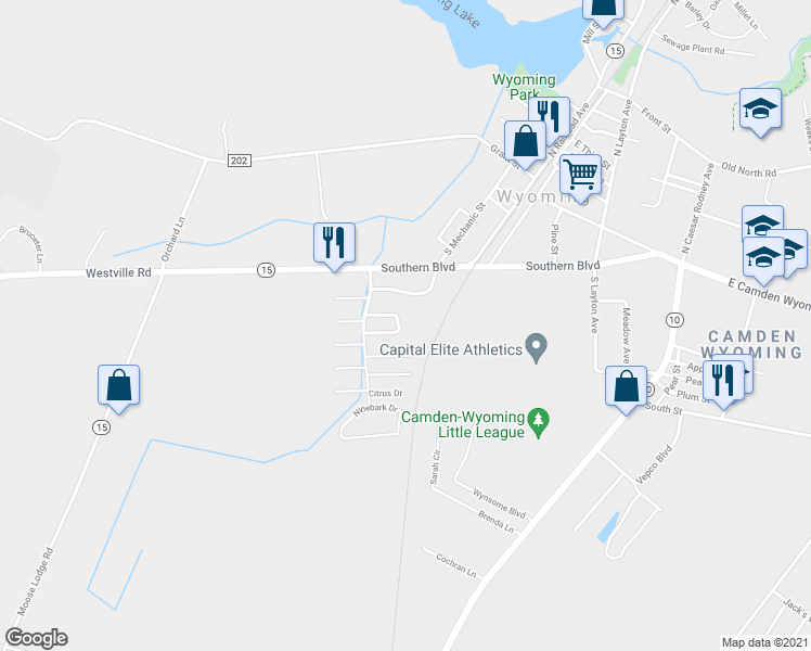 map of restaurants, bars, coffee shops, grocery stores, and more near 93 Downey Oak Circle in Wyoming