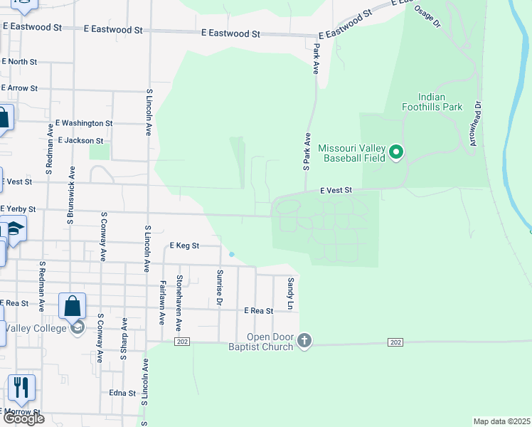 map of restaurants, bars, coffee shops, grocery stores, and more near 777 East Yerby Street in Marshall