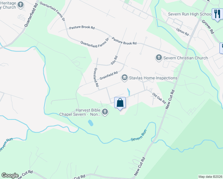 map of restaurants, bars, coffee shops, grocery stores, and more near 8303 Banister Road in Severn