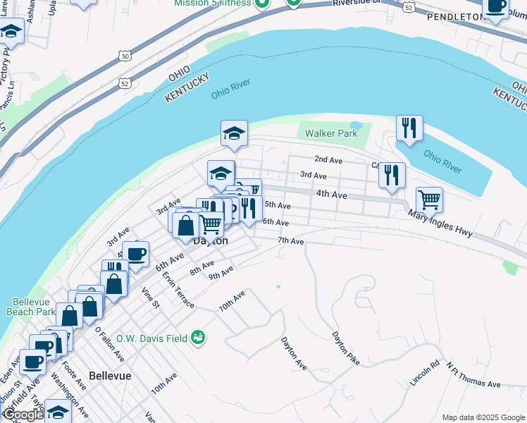 map of restaurants, bars, coffee shops, grocery stores, and more near 809 6th Avenue in Dayton