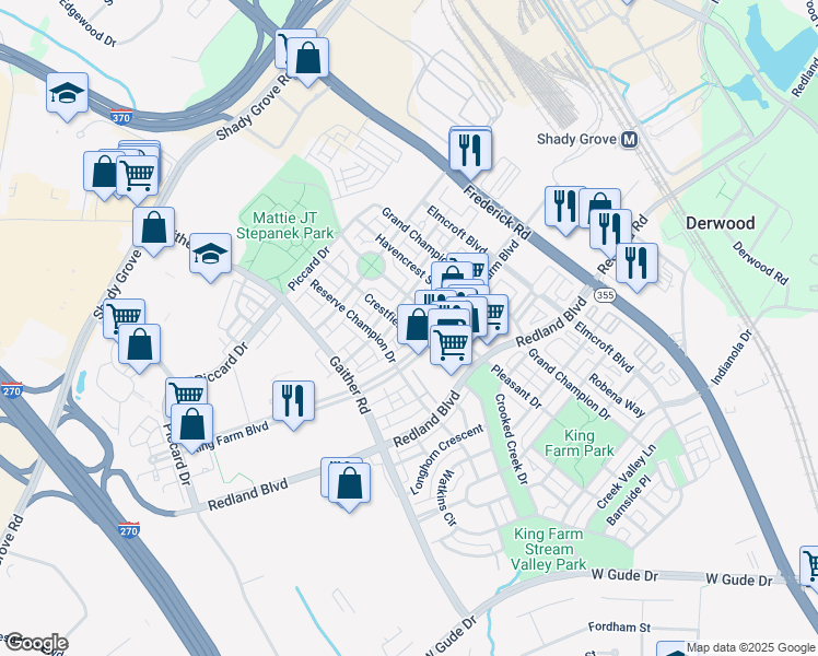 map of restaurants, bars, coffee shops, grocery stores, and more near 909 Crestfield Drive in Rockville