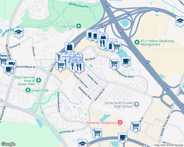 map of restaurants, bars, coffee shops, grocery stores, and more near 9780 Fields Road in Gaithersburg