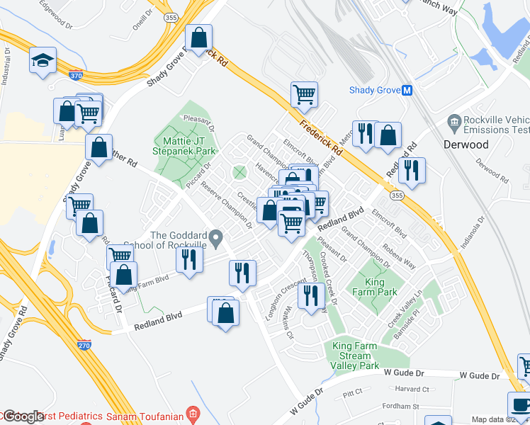 map of restaurants, bars, coffee shops, grocery stores, and more near 909 Crestfield Drive in Rockville