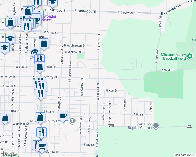 map of restaurants, bars, coffee shops, grocery stores, and more near 698 E Yerby St in Marshall