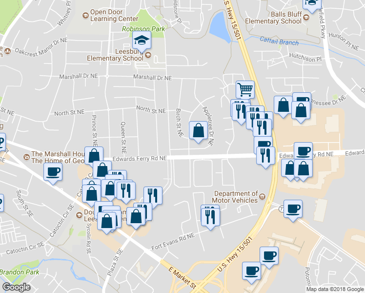 map of restaurants, bars, coffee shops, grocery stores, and more near 106 Appletree Drive Northeast in Leesburg