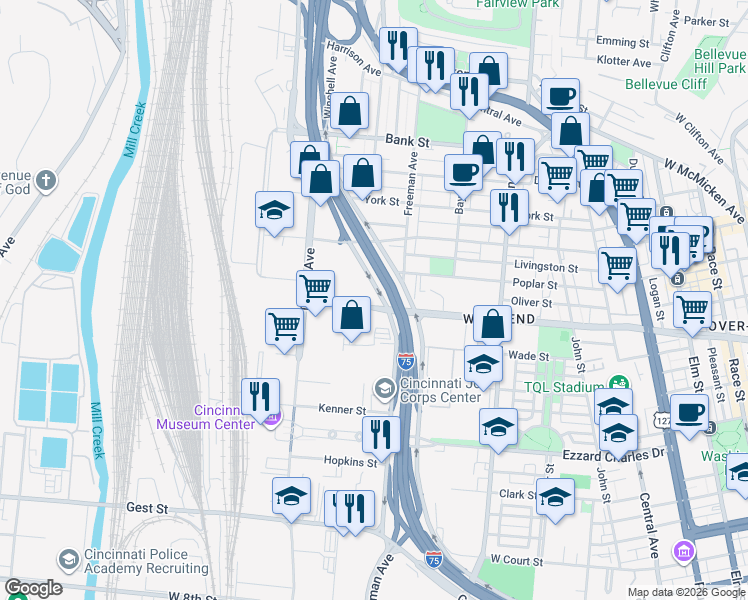 map of restaurants, bars, coffee shops, grocery stores, and more near 1009 West Liberty Street in Cincinnati