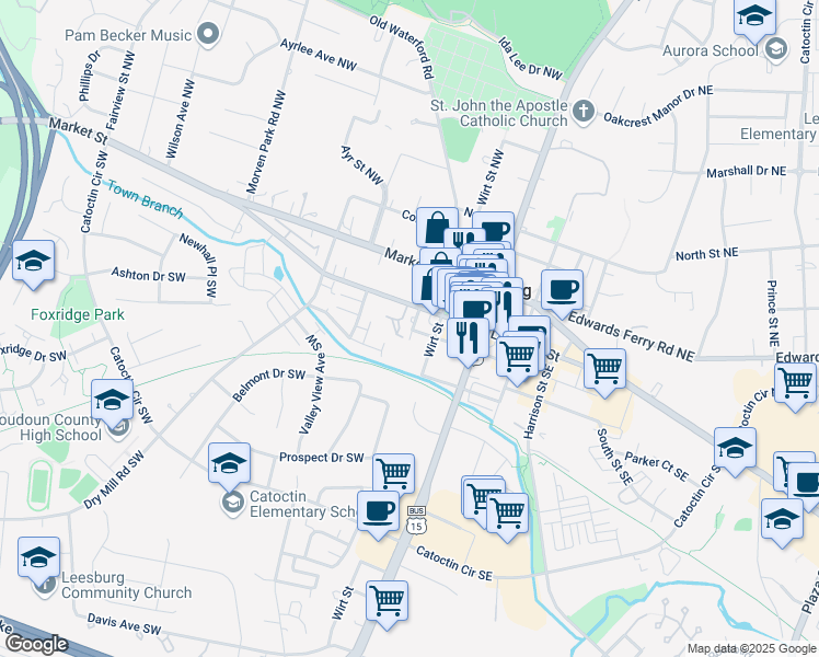 map of restaurants, bars, coffee shops, grocery stores, and more near 201 Liberty Street Southwest in Leesburg