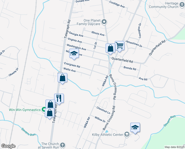 map of restaurants, bars, coffee shops, grocery stores, and more near 8109 Beverly Road in Severn