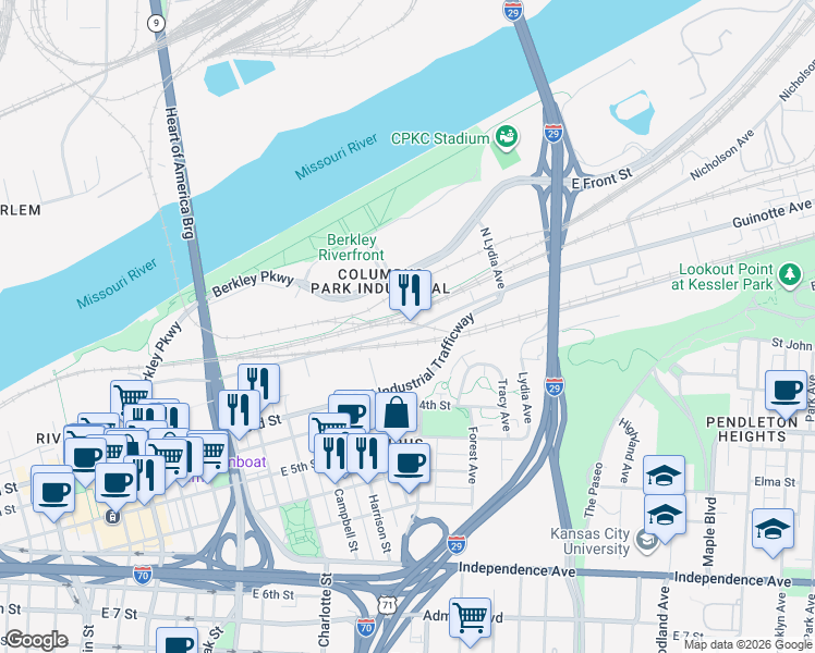 map of restaurants, bars, coffee shops, grocery stores, and more near 1008 East 1st Street in Kansas City