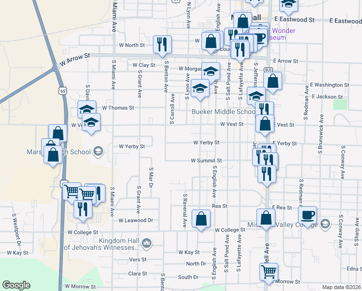 map of restaurants, bars, coffee shops, grocery stores, and more near 470 West Yerby Street in Marshall