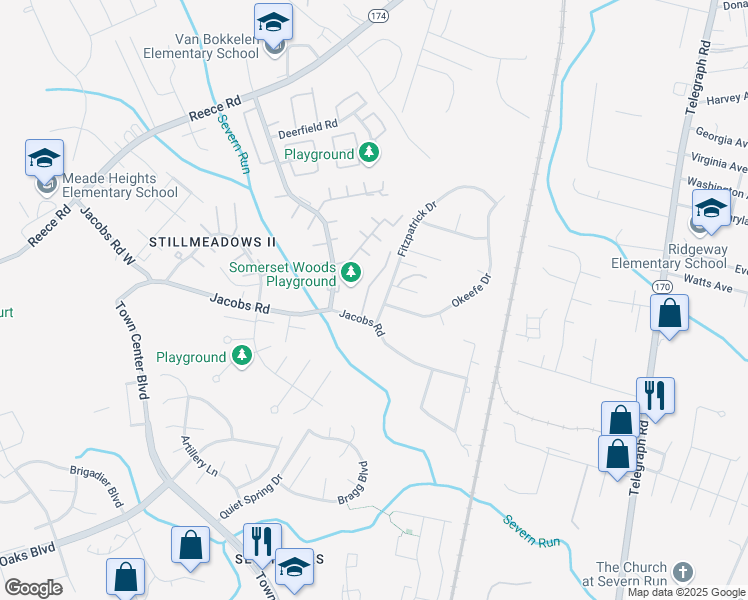 map of restaurants, bars, coffee shops, grocery stores, and more near 1755 Jacobs Meadow Drive in Severn