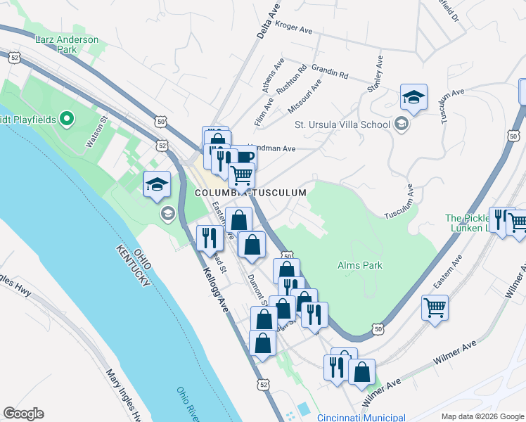 map of restaurants, bars, coffee shops, grocery stores, and more near 407 Tusculum Avenue in Cincinnati
