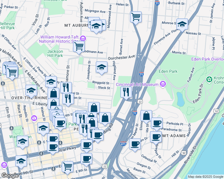 map of restaurants, bars, coffee shops, grocery stores, and more near 1713 Highland Avenue in Cincinnati
