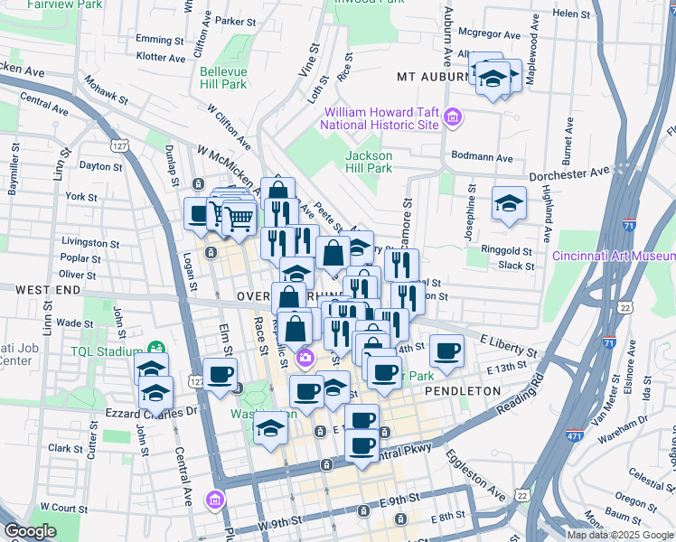 map of restaurants, bars, coffee shops, grocery stores, and more near 134 East McMicken Avenue in Cincinnati