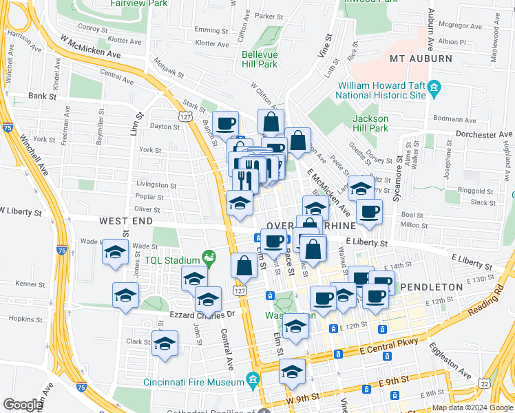 map of restaurants, bars, coffee shops, grocery stores, and more near 121 Green in Cincinnati