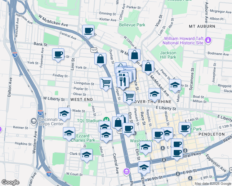 map of restaurants, bars, coffee shops, grocery stores, and more near 1622 Logan Street in Cincinnati
