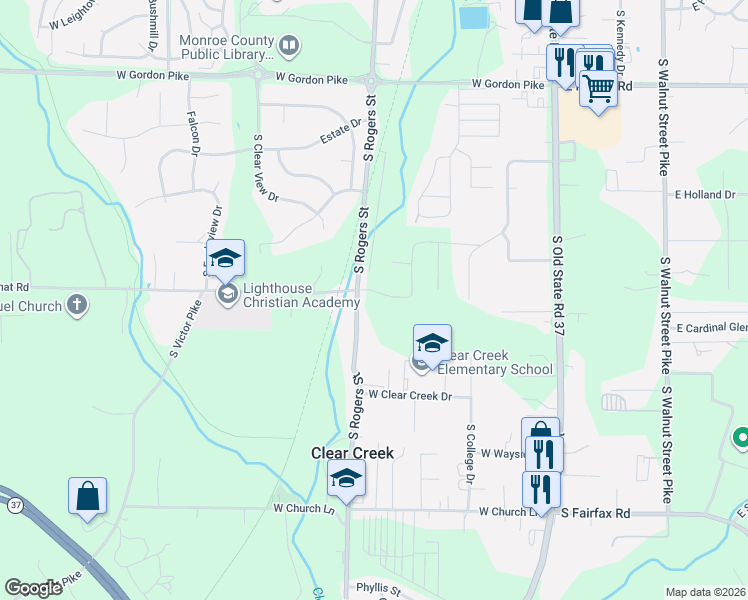 map of restaurants, bars, coffee shops, grocery stores, and more near 4831 South Rogers Street in Bloomington