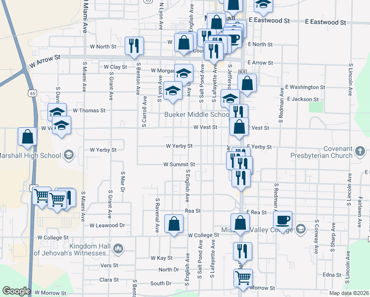 map of restaurants, bars, coffee shops, grocery stores, and more near 700-748 South English Avenue in Marshall
