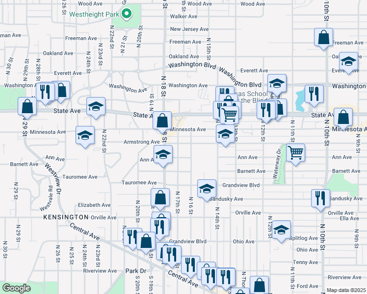 map of restaurants, bars, coffee shops, grocery stores, and more near 810 North 16 Street in Kansas City