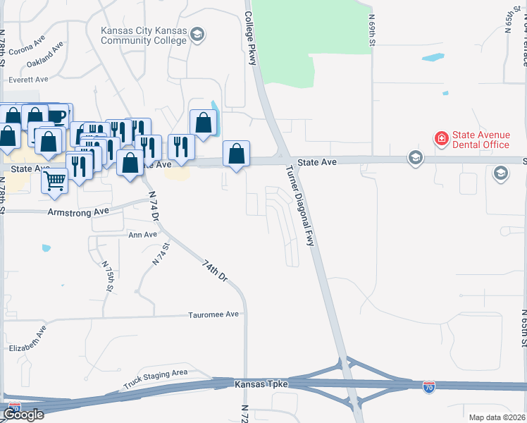 map of restaurants, bars, coffee shops, grocery stores, and more near 824 North 71 Street in Kansas City