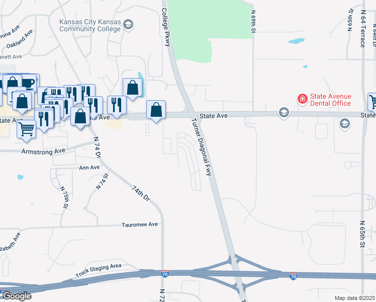 map of restaurants, bars, coffee shops, grocery stores, and more near 847 North 70th Terrace in Kansas City