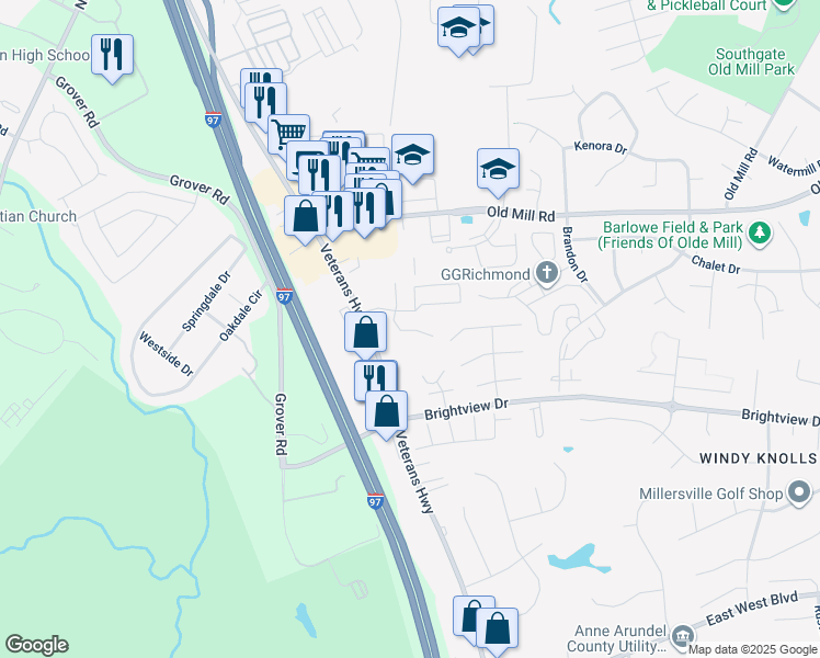 map of restaurants, bars, coffee shops, grocery stores, and more near 674 Cog Court in Millersville